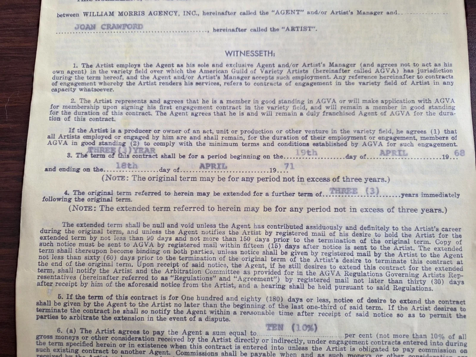 Joan Crawford — Joan Crawford's 1968 William Morris Agency Contract Signed Joan Crawford 68-71, image 3