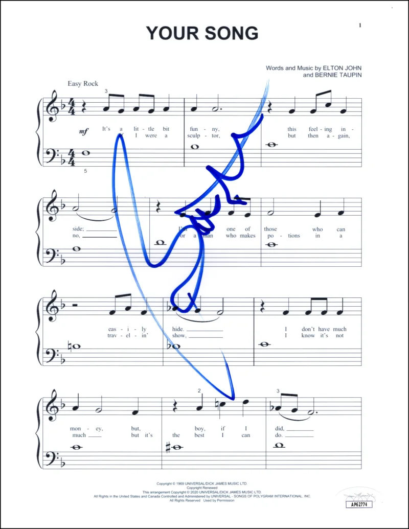 Bernie Taupin — Bernie Taupin Signed Autograph Elton John 's Your Song Sheet Music w/ JSA COA
