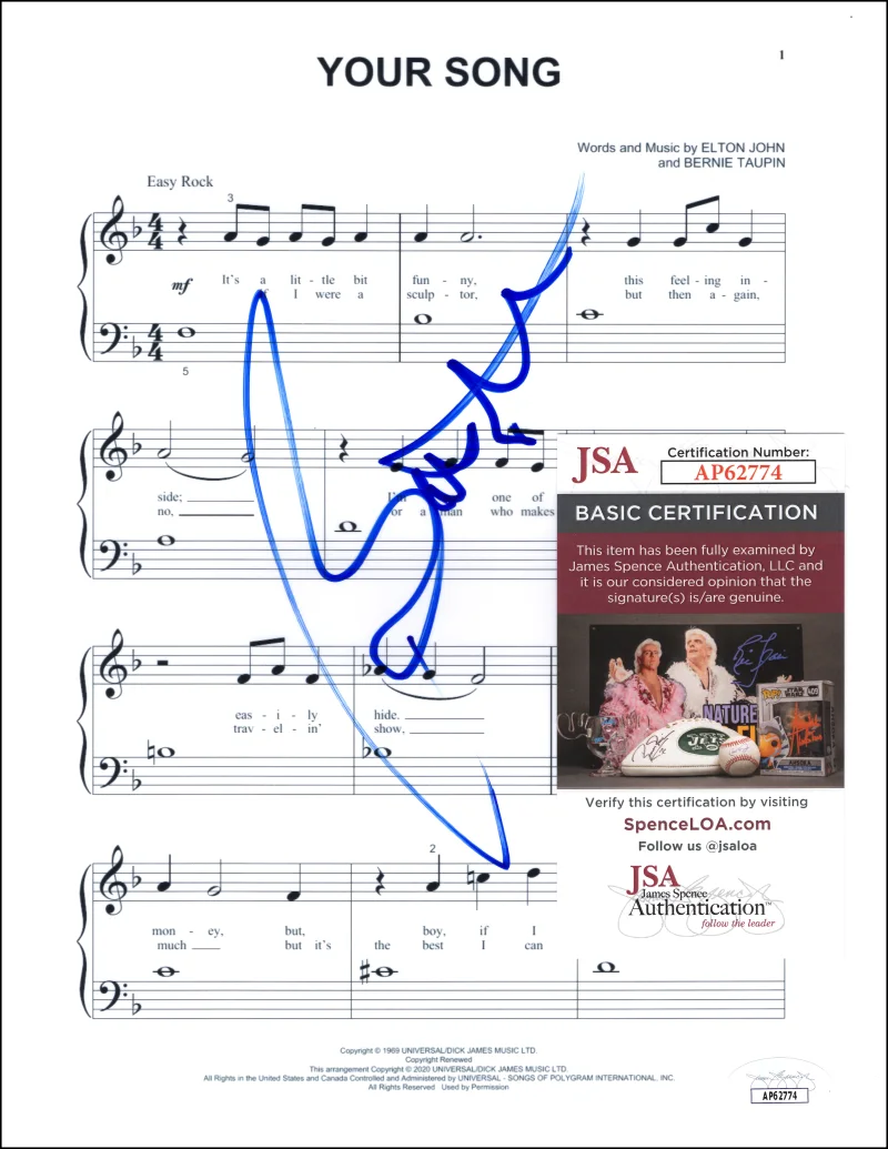 Bernie Taupin — Bernie Taupin Signed Autograph Elton John 's Your Song Sheet Music w/ JSA COA, изображение 2