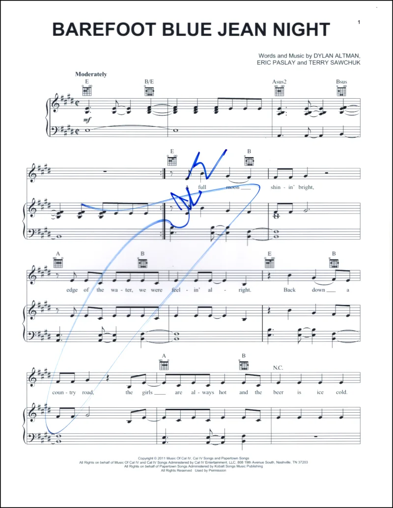 Jake Owen — Jake Owen Signed Autograph Barefoot Blue Jean Night Sheet Music - Country Music