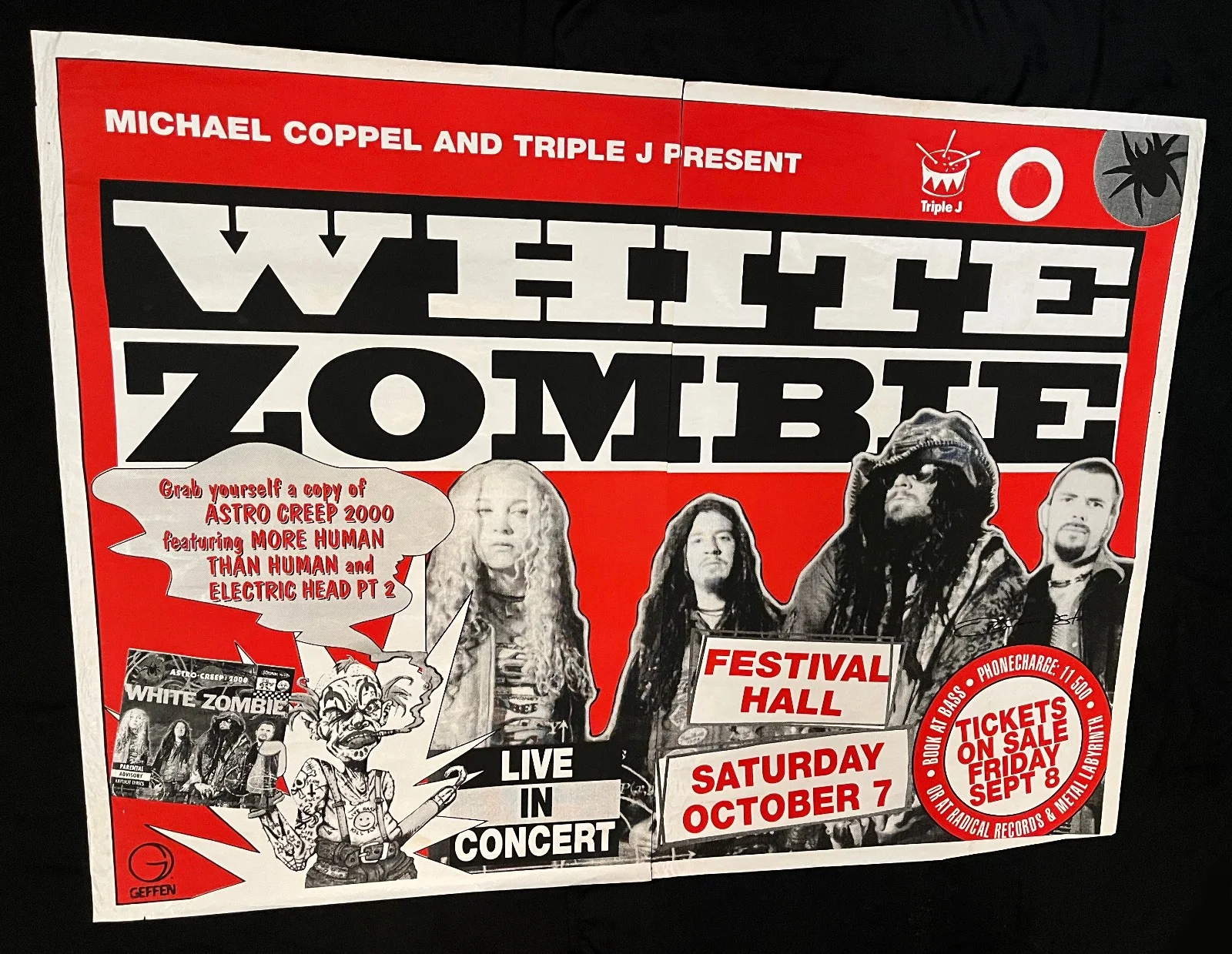 WHITE ZOMIBE MEGA RARE 1995 AUSTRALIAN SHOW HUGE 80x60 EURO SUBWAY POSTER VG, изображение 2