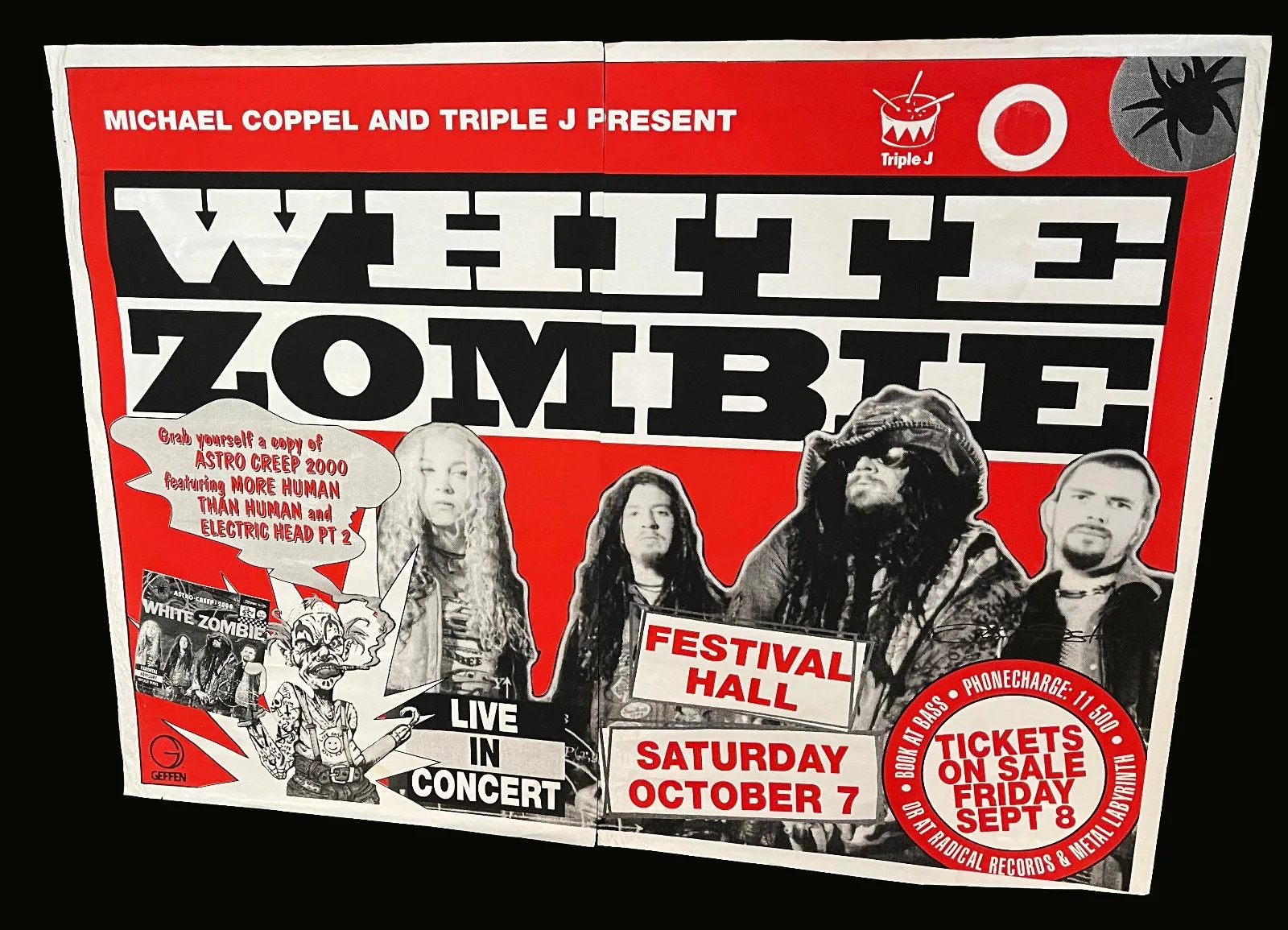 WHITE ZOMIBE MEGA RARE 1995 AUSTRALIAN SHOW HUGE 80x60 EURO SUBWAY POSTER VG, изображение 3