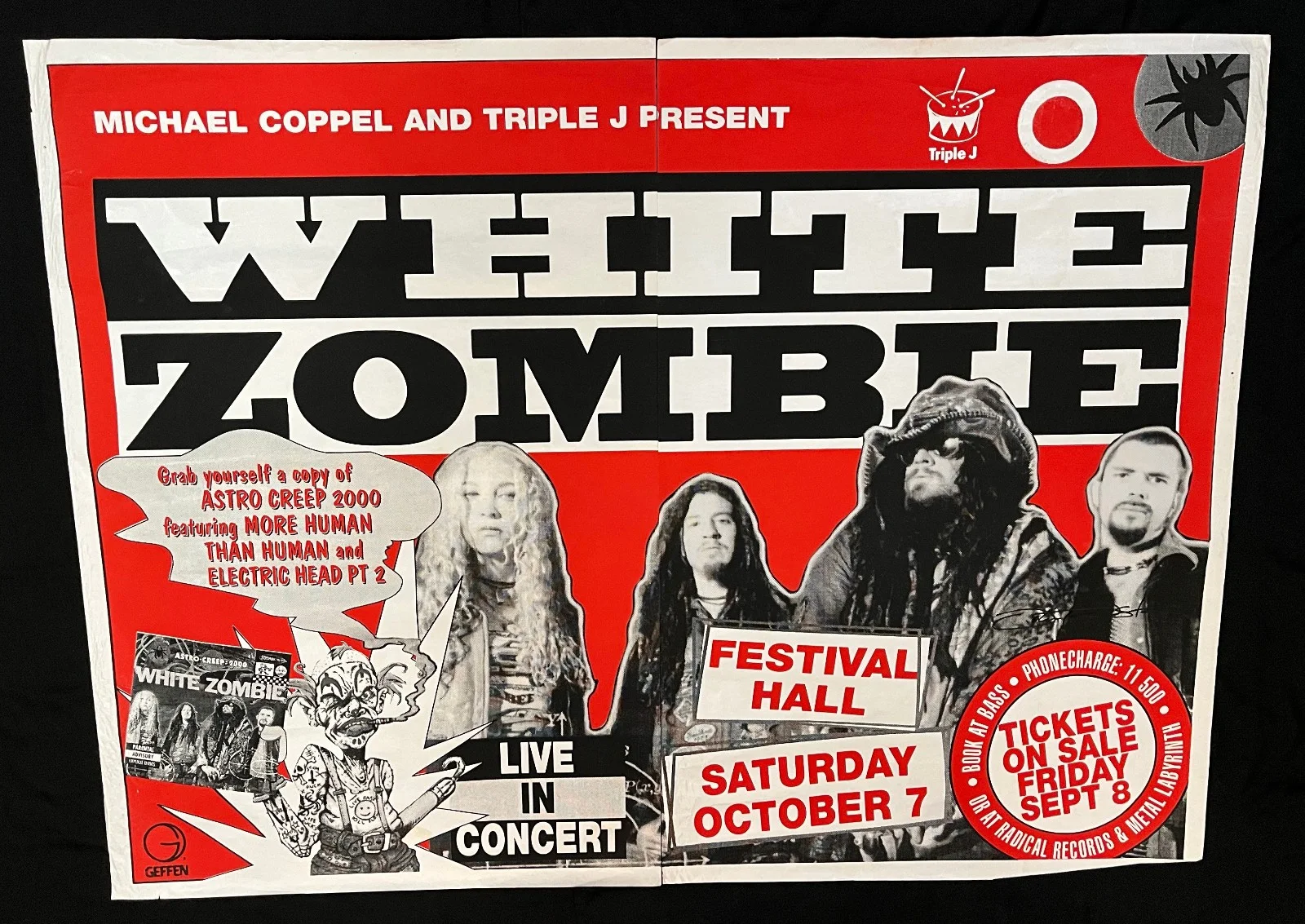 WHITE ZOMIBE MEGA RARE 1995 AUSTRALIAN SHOW HUGE 80x60 EURO SUBWAY POSTER VG, изображение 4