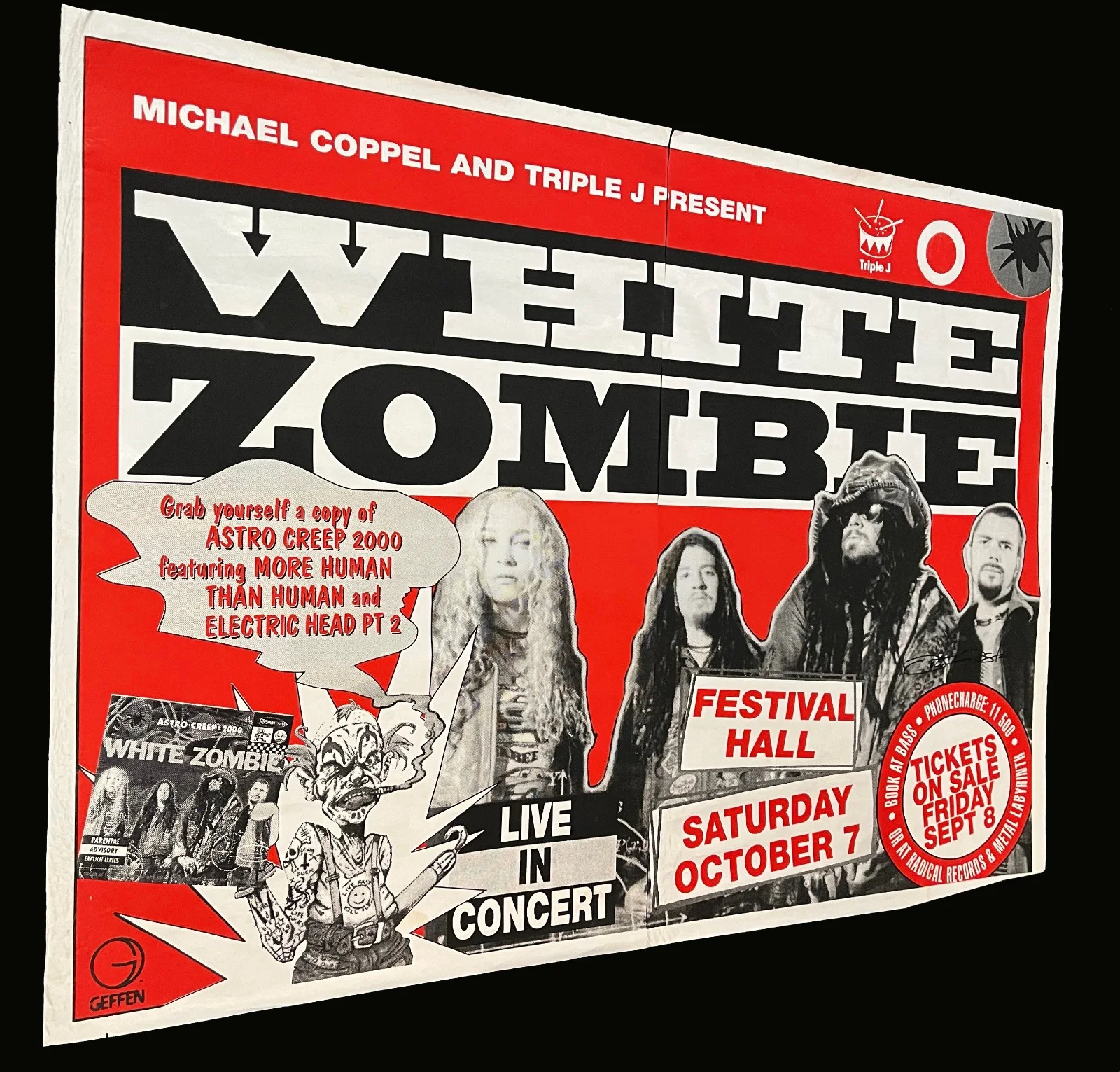WHITE ZOMIBE MEGA RARE 1995 AUSTRALIAN SHOW HUGE 80x60 EURO SUBWAY POSTER VG, изображение 5