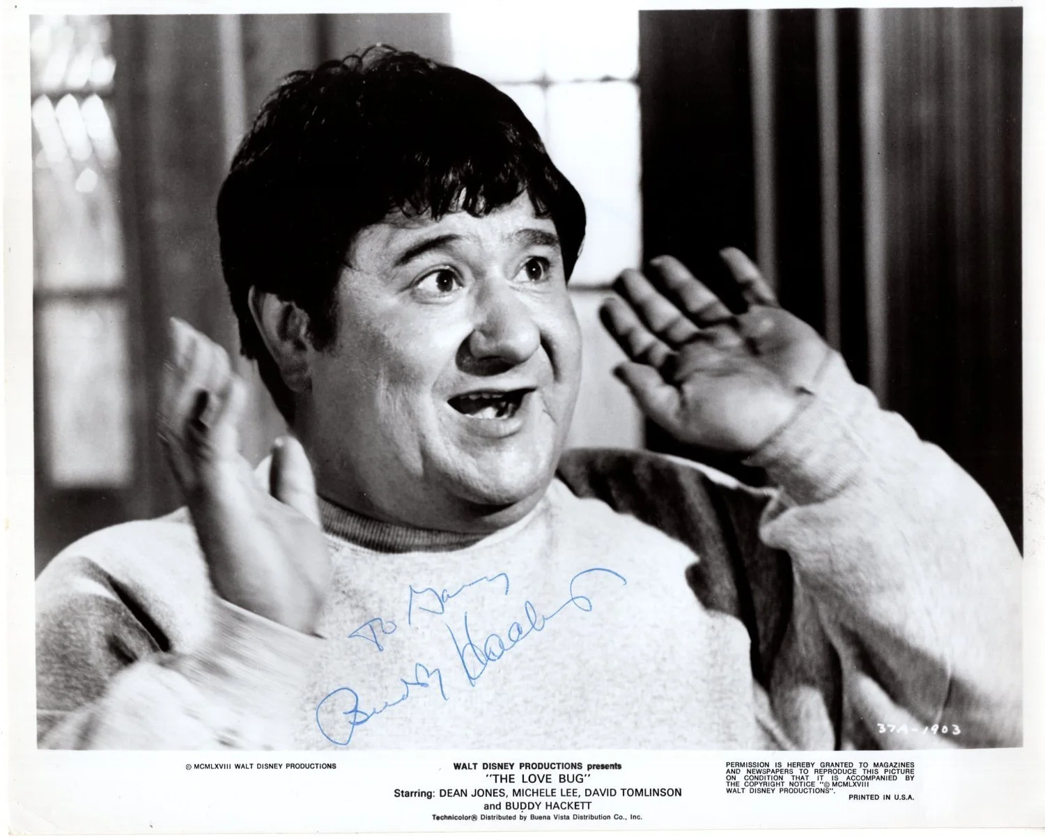 Buddy Hackett — BUDDY HACKETT Signed 8x10 THE LOVE BUG Press Publicity Photograph - To Gary