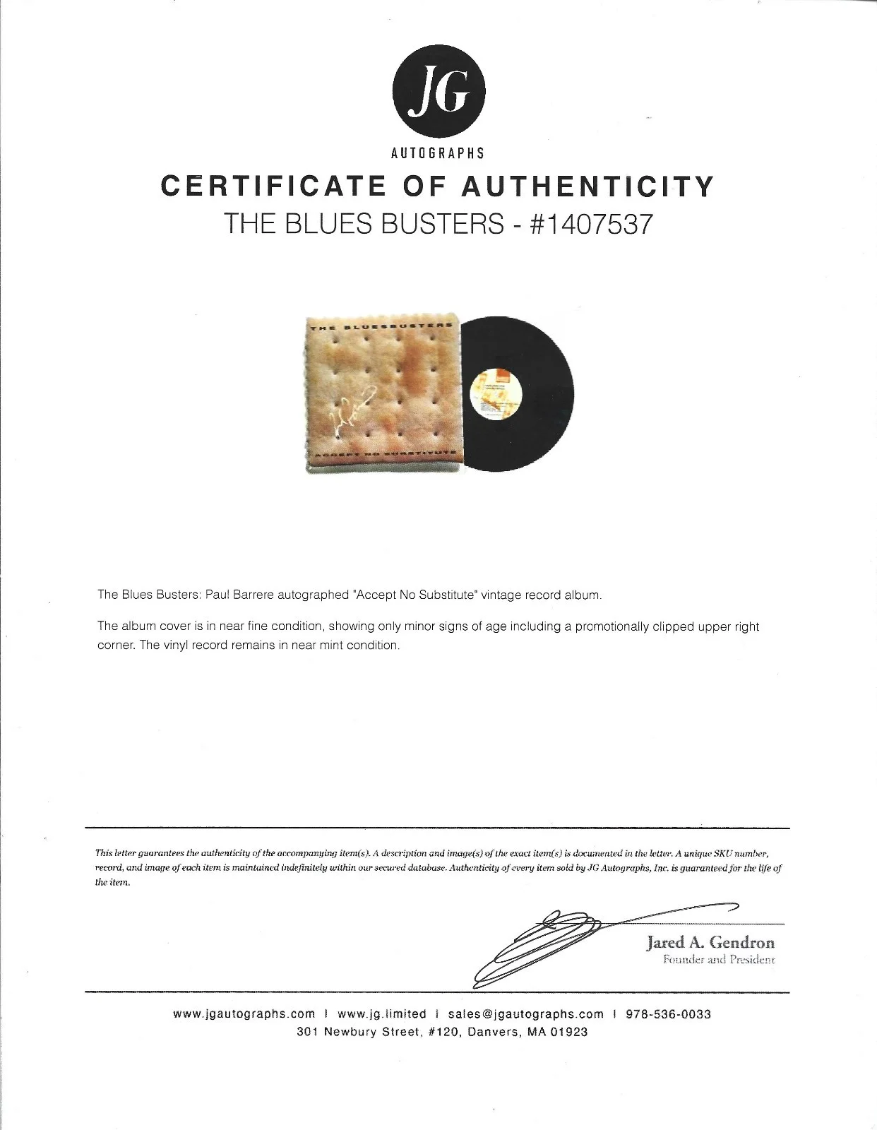 The Blues Busters Paul Barrere autographed Vinyl LP "Accept No Substitute" W/COA, image 2