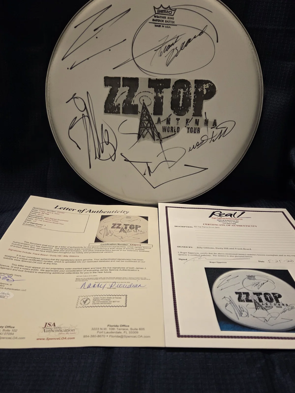 Autographed ZZ Top Drum Head/ All 3.. 2 Full Cert Letters, image 2