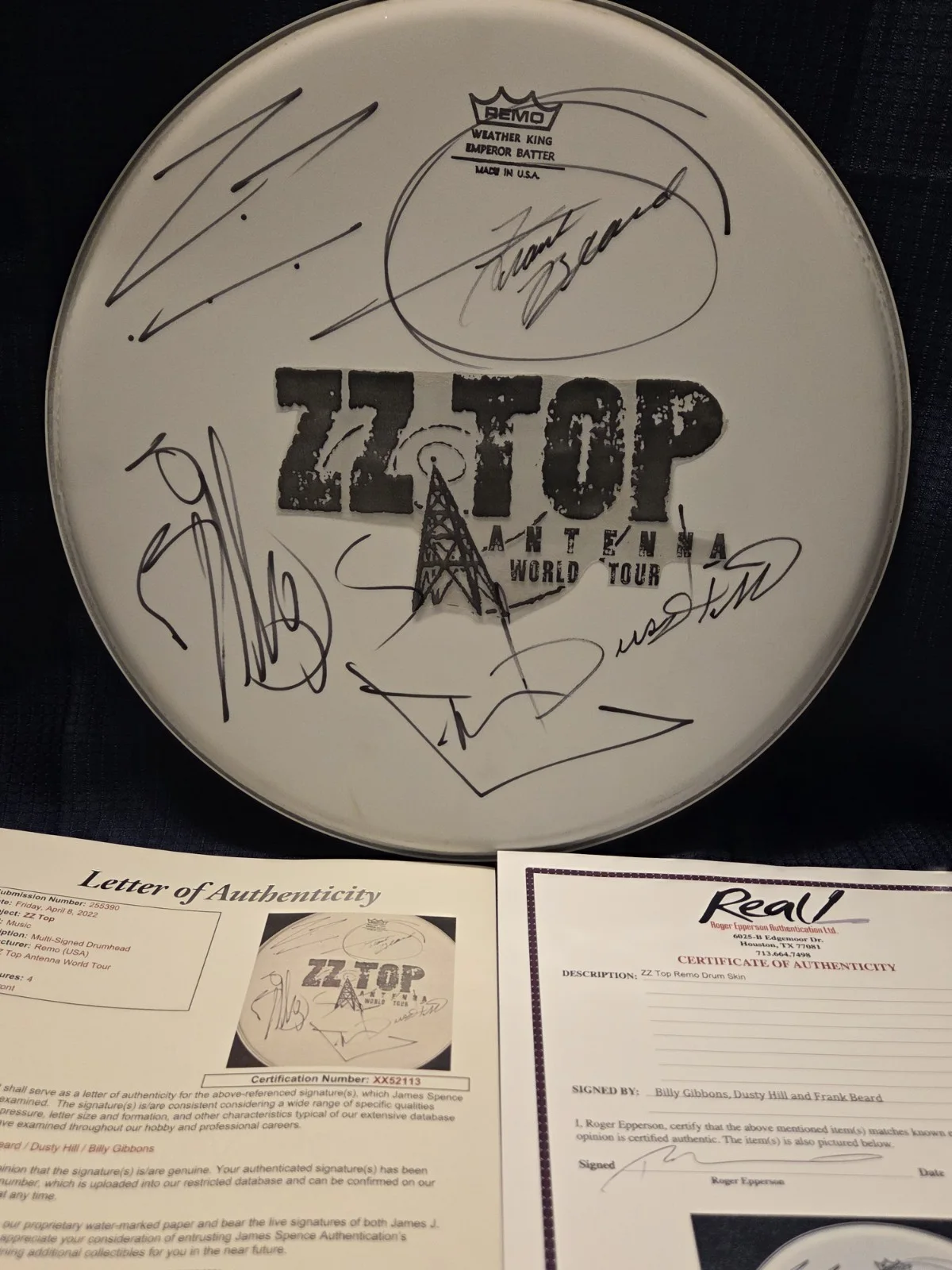 Autographed ZZ Top Drum Head/ All 3.. 2 Full Cert Letters, image 3