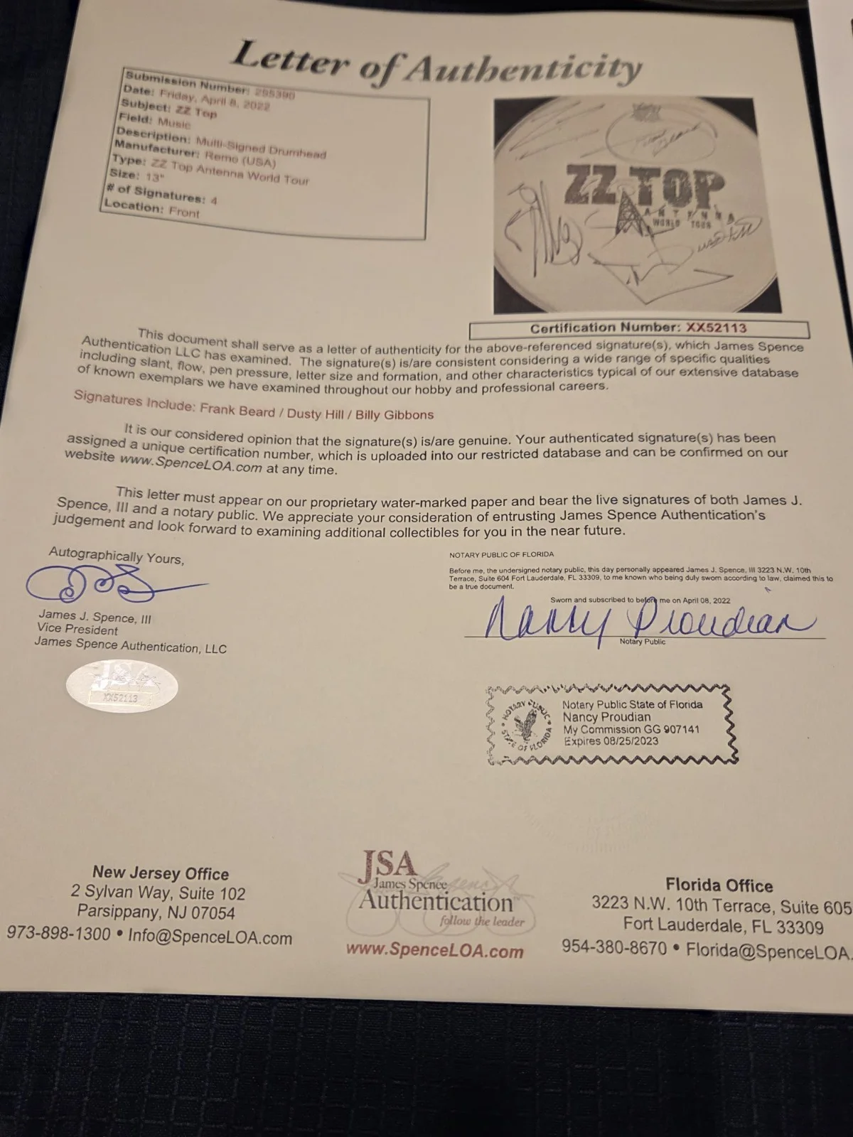 Autographed ZZ Top Drum Head/ All 3.. 2 Full Cert Letters, image 5