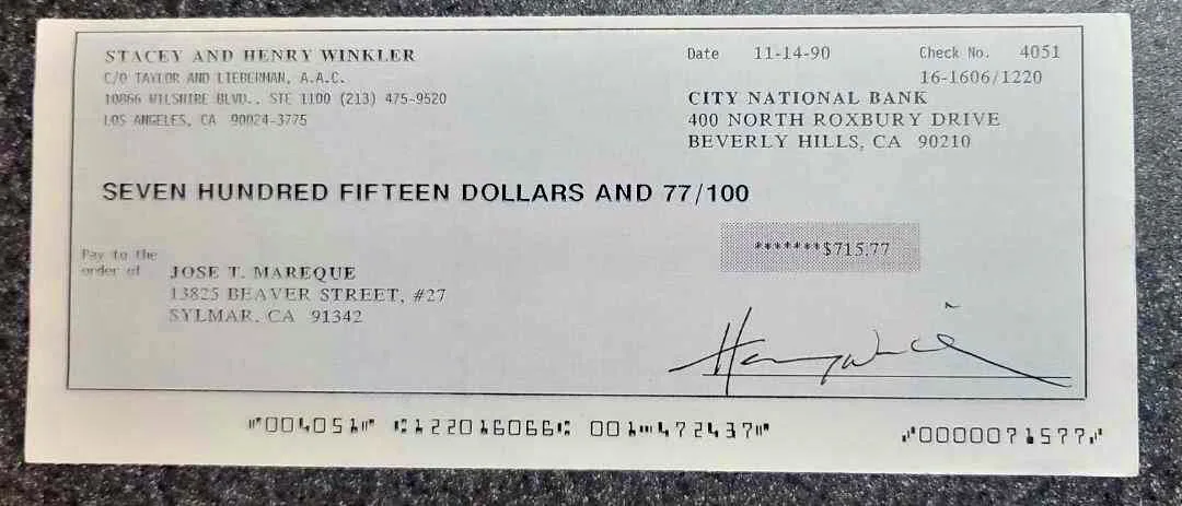 Autographed Signed Check/Document: Henry Winkler THE FONZ, image 2