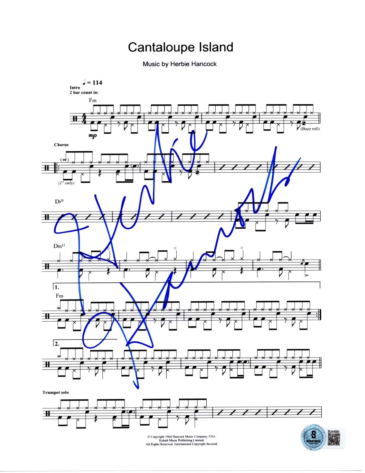 HERBIE HANCOCK SIGNED CANTALOUPE ISLAND JAZZ SHEET MUSIC PAGE BAS BECKETT COA, изображение 2