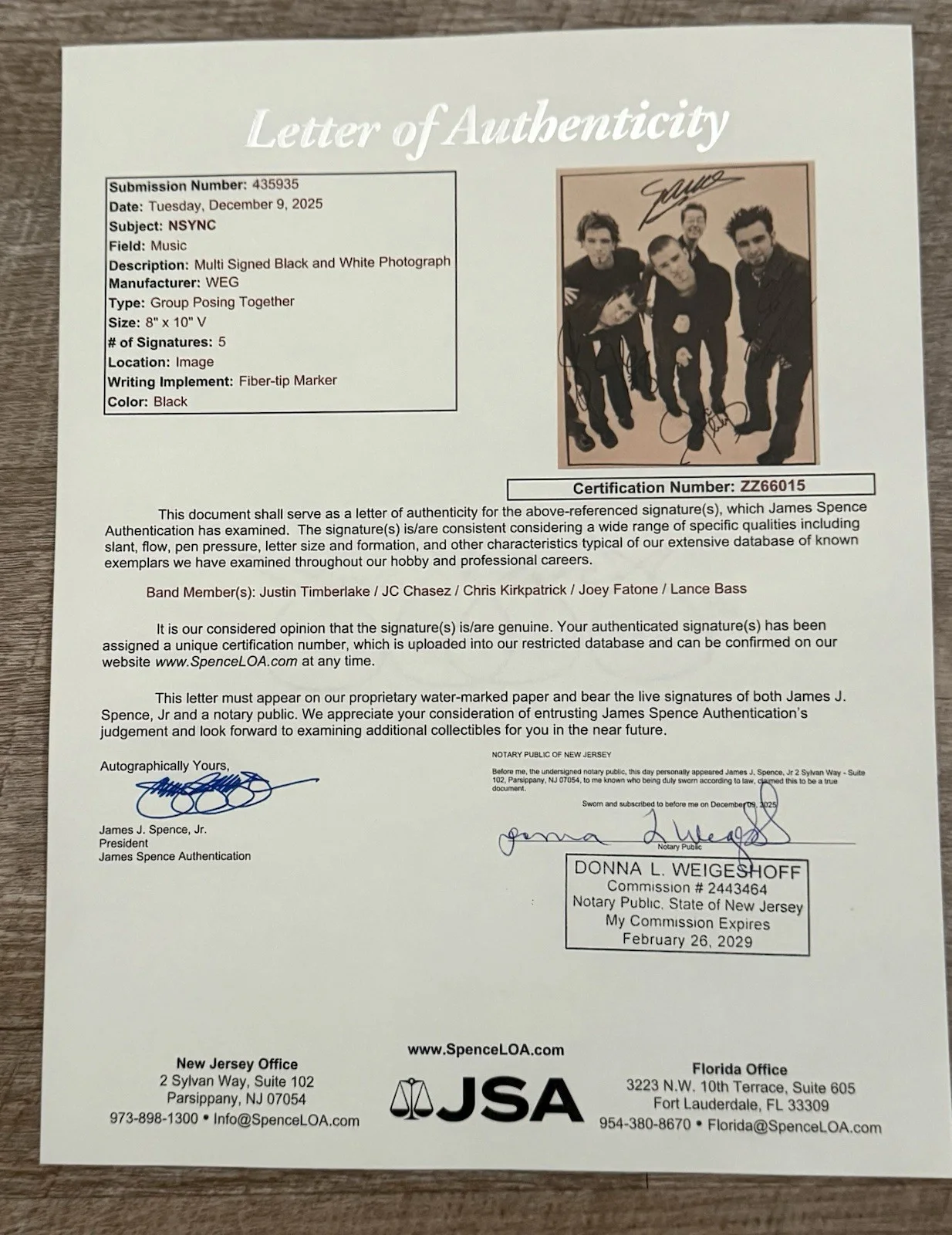 Nsync Promo Photo 8 x 10 JSA LOA, image 2