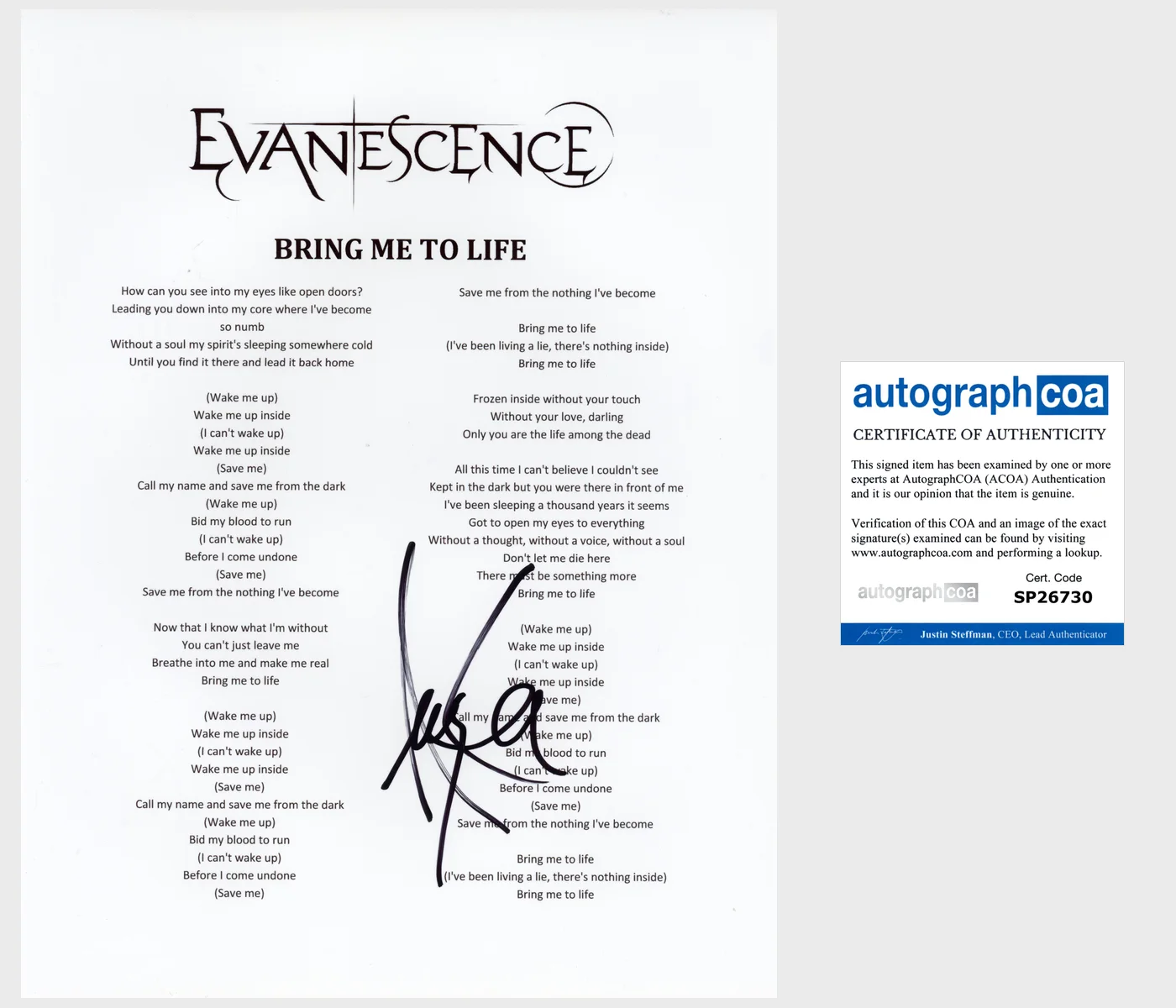 AMY LEE SIGNED AUTOGRAPH EVANESCENCE BRING ME TO LIFE SHEET w/EXACT PROOF & COA, изображение 2