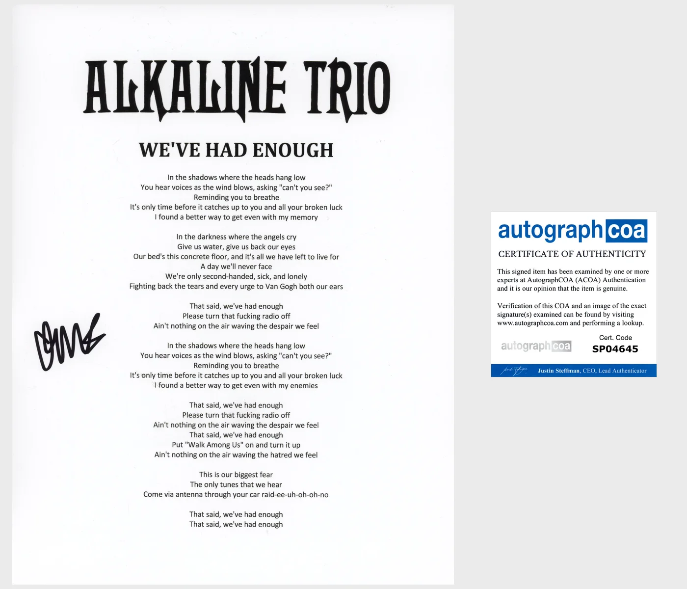 MATT SKIBA SIGNED ALKALINE TRIO WE'VE HAD ENOUGH LYRIC SHEET w/EXACT PROOF & COA, image 2
