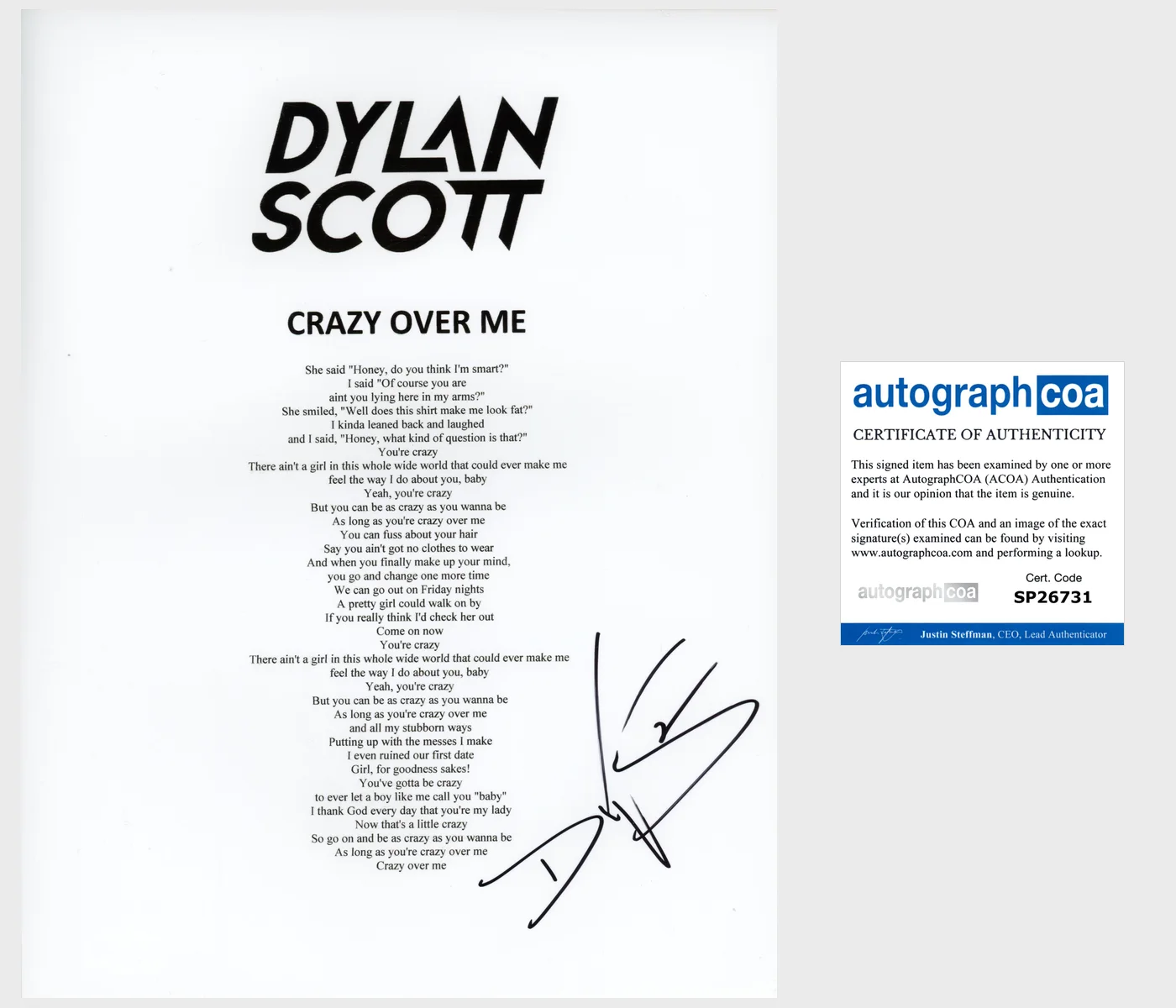 DYLAN SCOTT SIGNED AUTOGRAPH CRAZY OVER ME LYRIC SHEET w/EXACT PROOF & COA, image 2