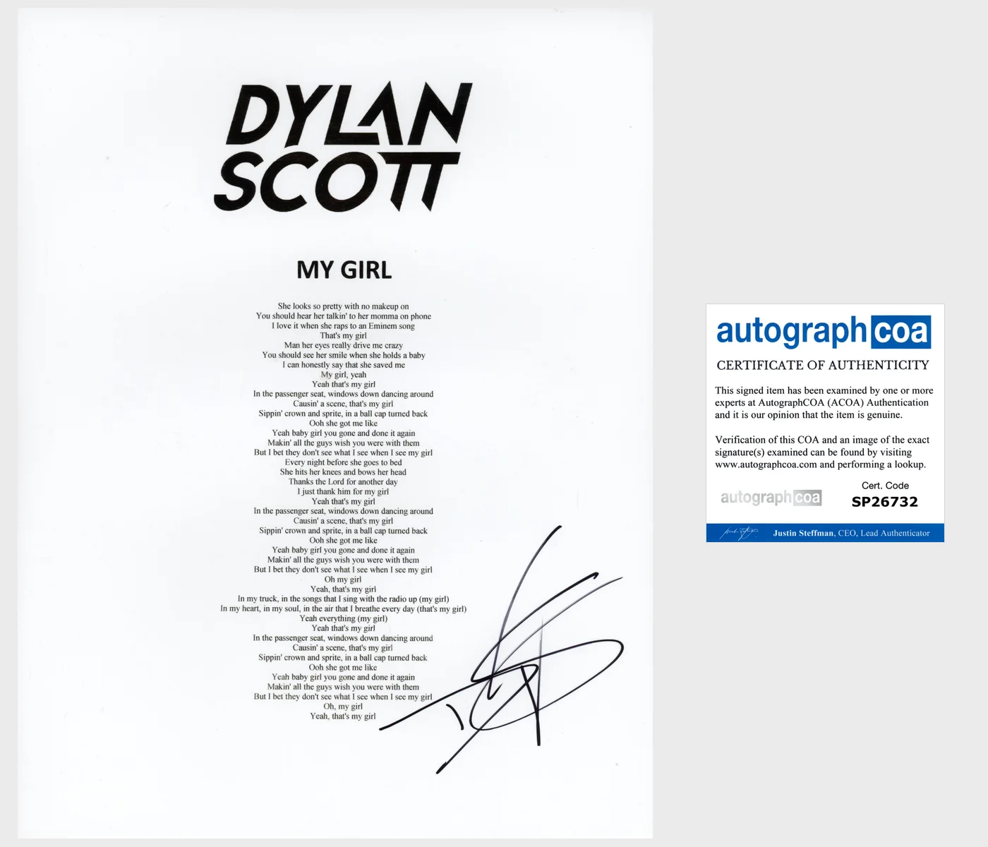 DYLAN SCOTT SIGNED AUTOGRAPH MY GIRL LYRIC SHEET w/EXACT PROOF & ACOA COA, изображение 2
