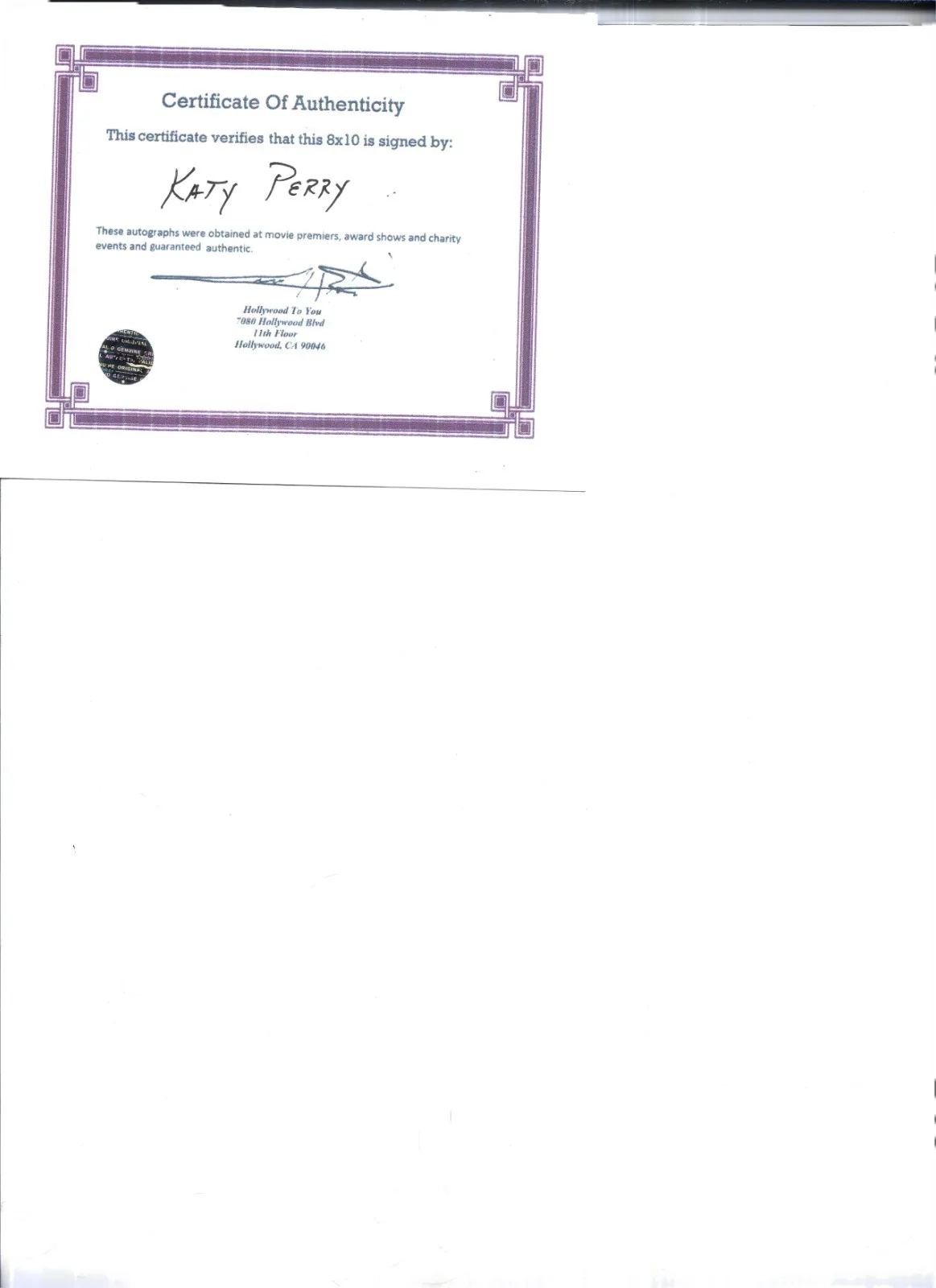 Katy Perry Autographed Photo w/ COA, image 2