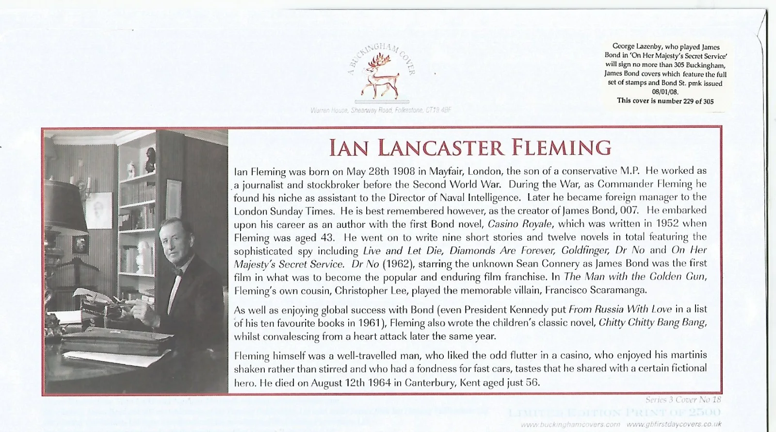 Limited Edition Buckingham FDC Cover Signed By George Lazenby James Bond 007, image 2