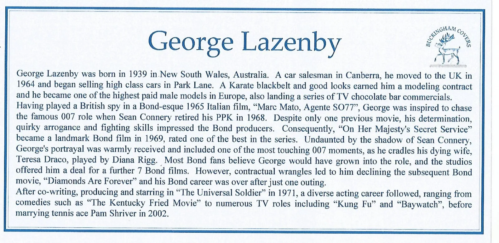 Limited Edition Buckingham FDC Cover Signed By George Lazenby James Bond 007, image 3