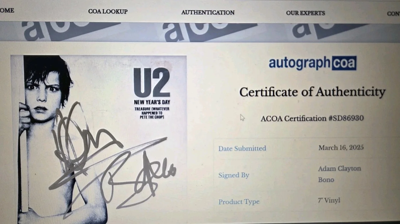 U2 BONO AND ADAM SIGNED NEW YEARS DAY 7" VINYL ACOA LOA GOLD INK !!!, изображение 4