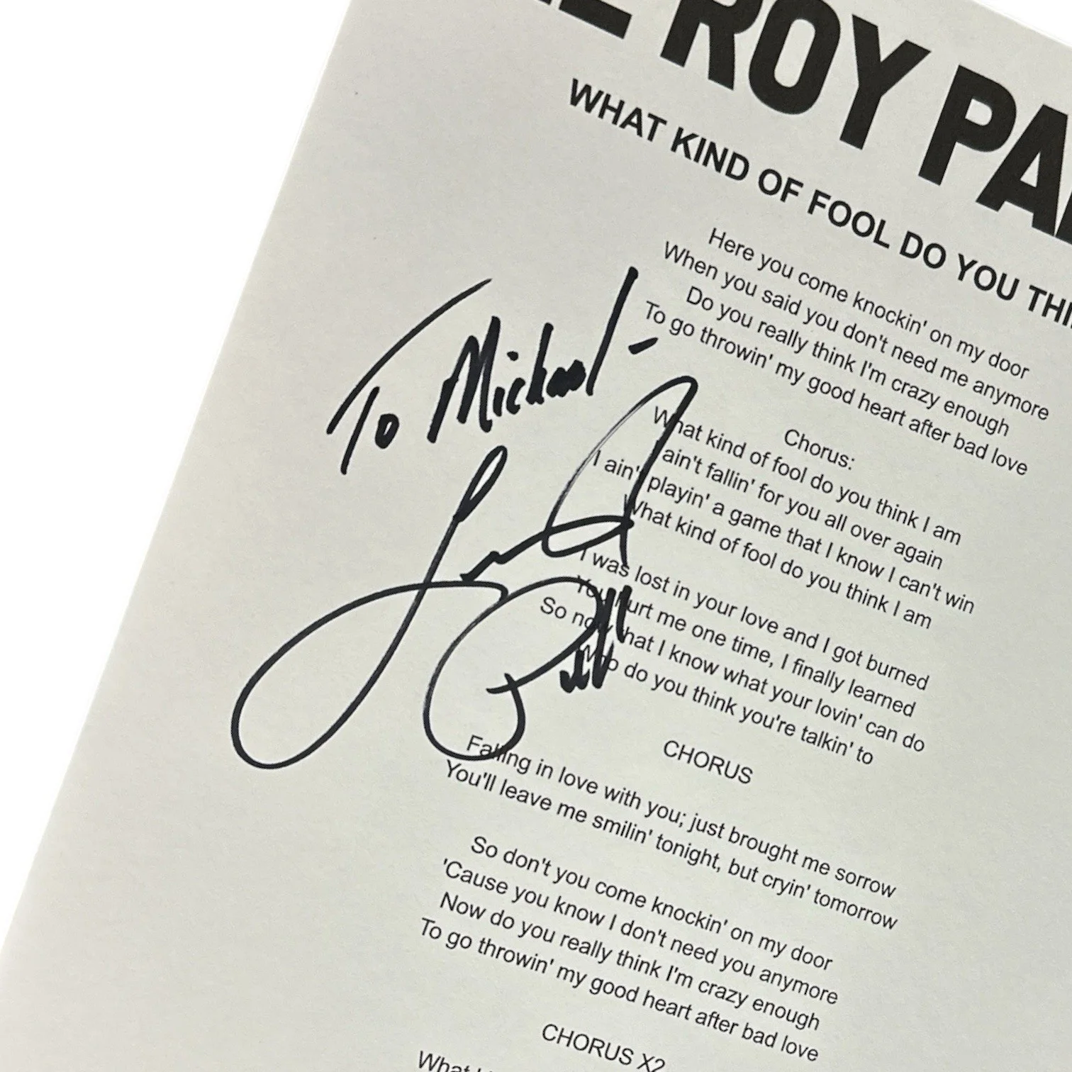 Lee Roy Parnell Signed Autograph “What Kind Of Fool” 8.5x11 Song Lyric Sheet!, изображение 2