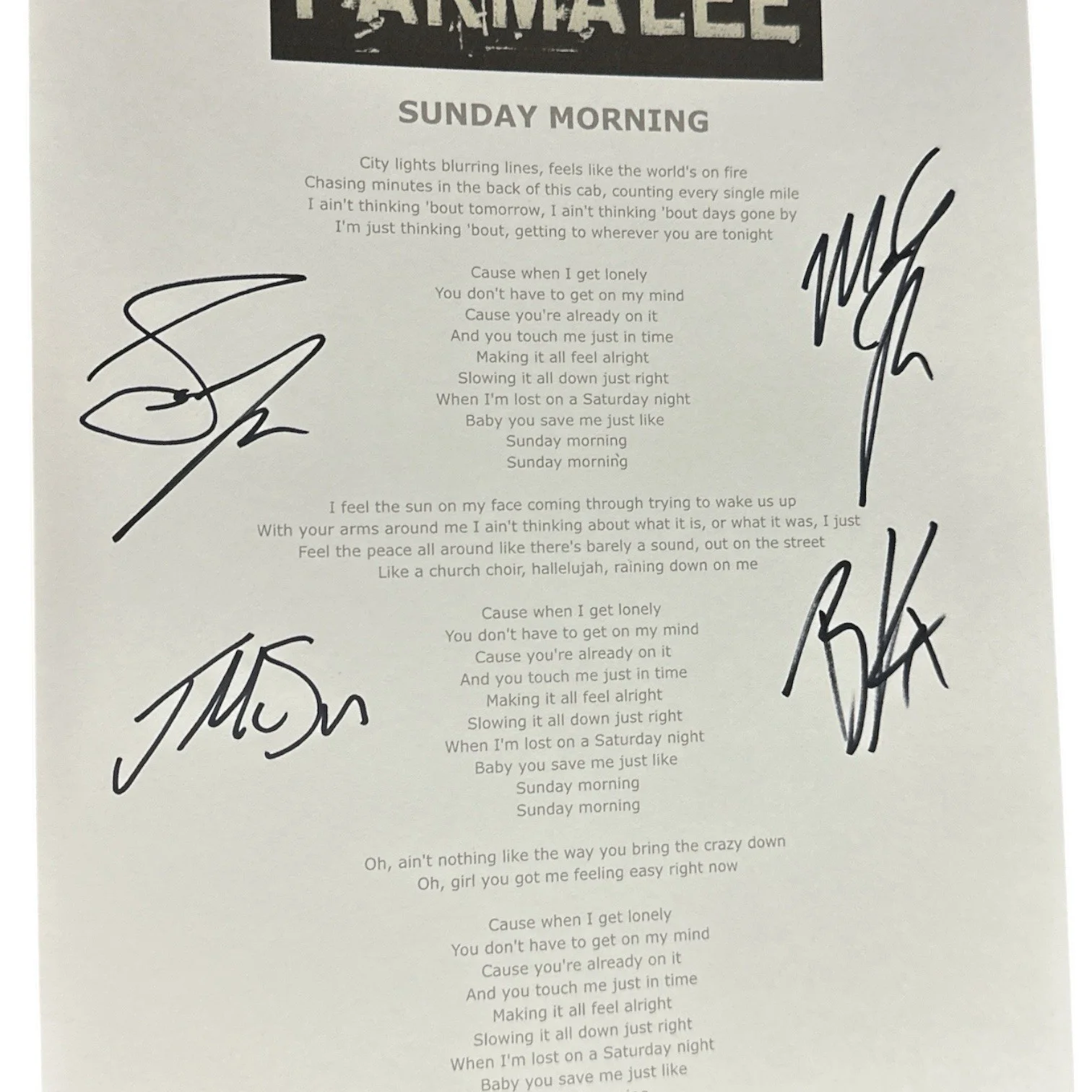 Parmalee Signed Autograph “Sunday Morning” 8.5x11 Lyric Sheet! Country Music!, изображение 2