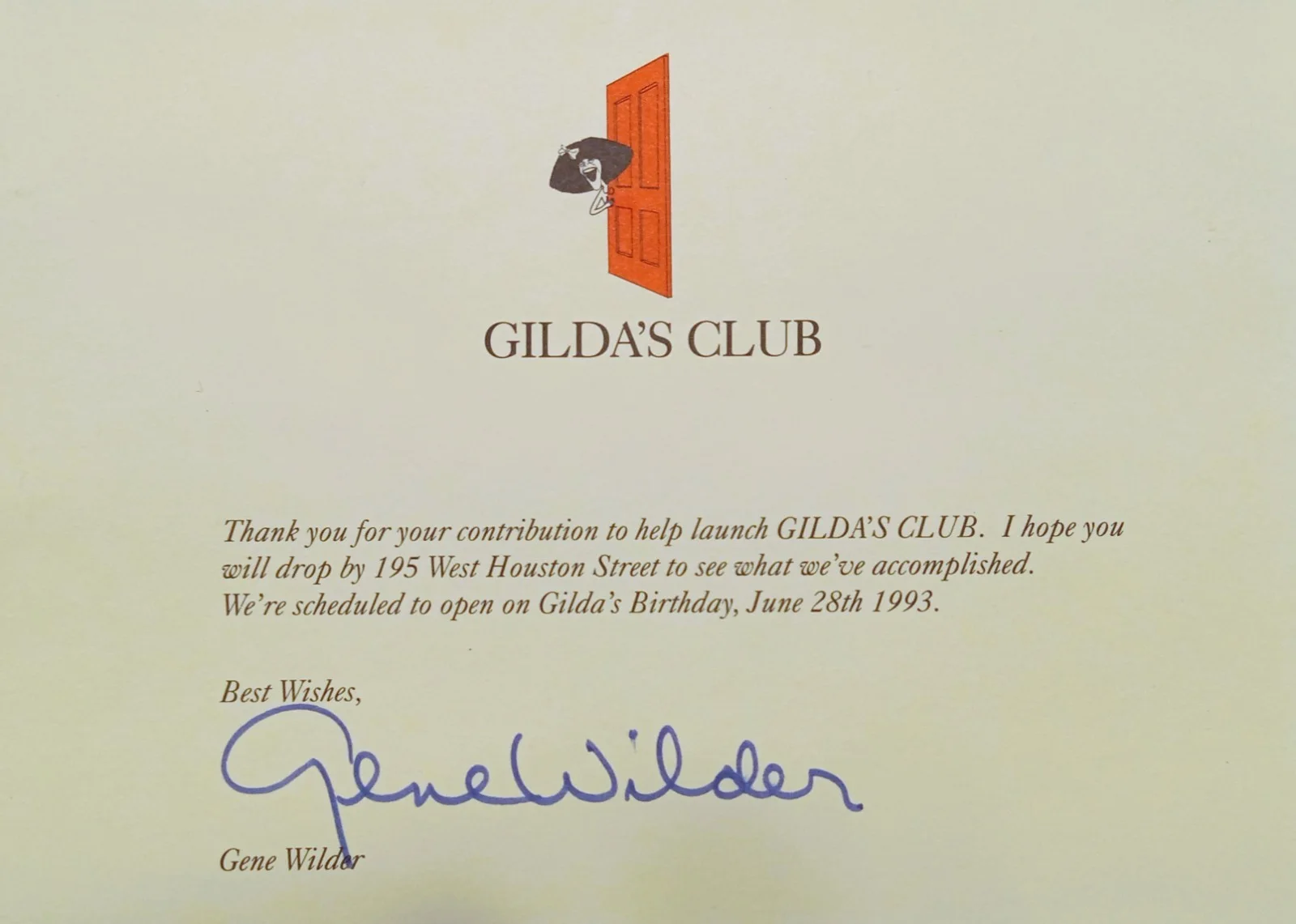 Gene Wilder — Original Gene Wilder Autograph 1993 | GILDA'S CLUB NYC Launch/Contribution Card, image 2