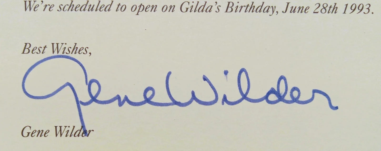 Gene Wilder — Original Gene Wilder Autograph 1993 | GILDA'S CLUB NYC Launch/Contribution Card, image 4