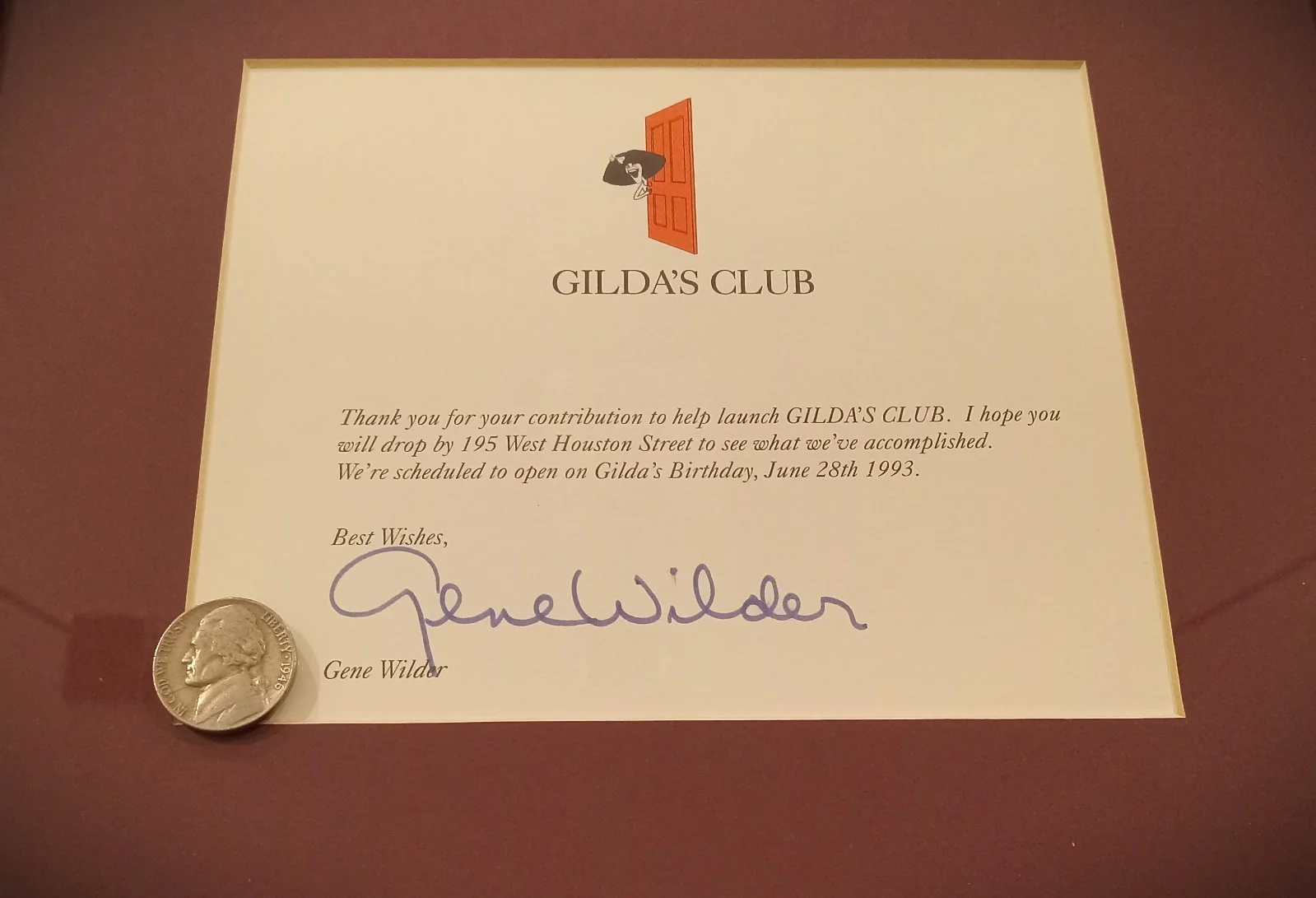 Gene Wilder — Original Gene Wilder Autograph 1993 | GILDA'S CLUB NYC Launch/Contribution Card, image 5