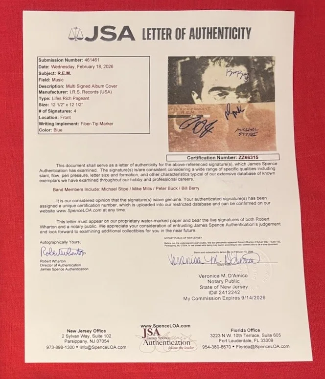 REM Michael Stipe Berry Buck Mills Autographed LIFE RICH PAGEANT Vinyl Album JSA, изображение 3