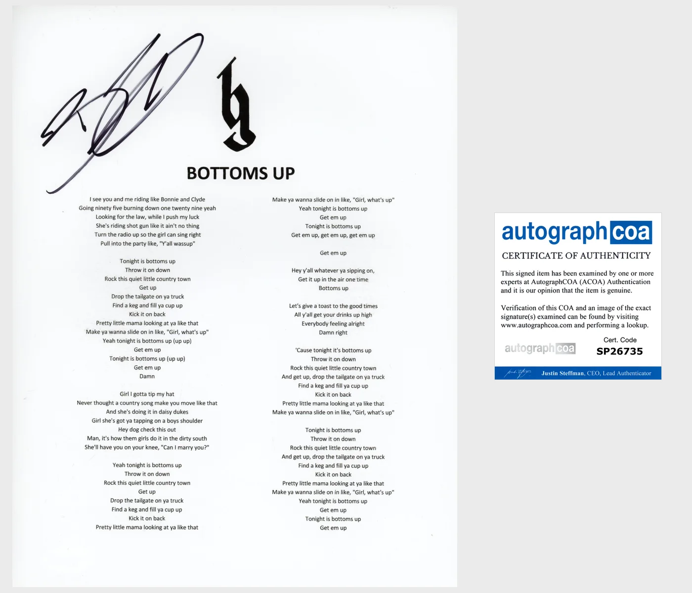 BRANTLEY GILBERT SIGNED BOTTOMS UP LYRIC SHEET w/EXACT PROOF & AUTOGRAPH COA, изображение 2