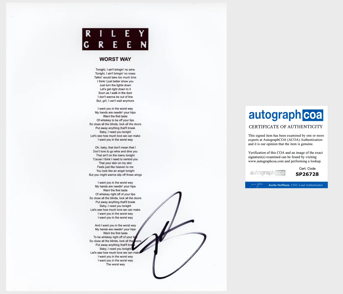 RILEY GREEN SIGNED AUTOGRAPH WORST WAY LYRIC SHEET w/EXACT VIDEO PROOF & COA, изображение 3
