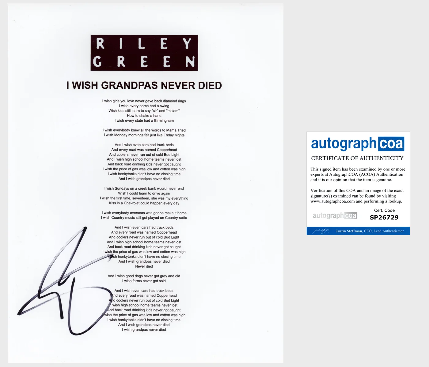 RILEY GREEN SIGNED I WISH GRANDPAS NEVER DIED LYRIC SHEET wEXACT VIDEO PROOF COA, image 3
