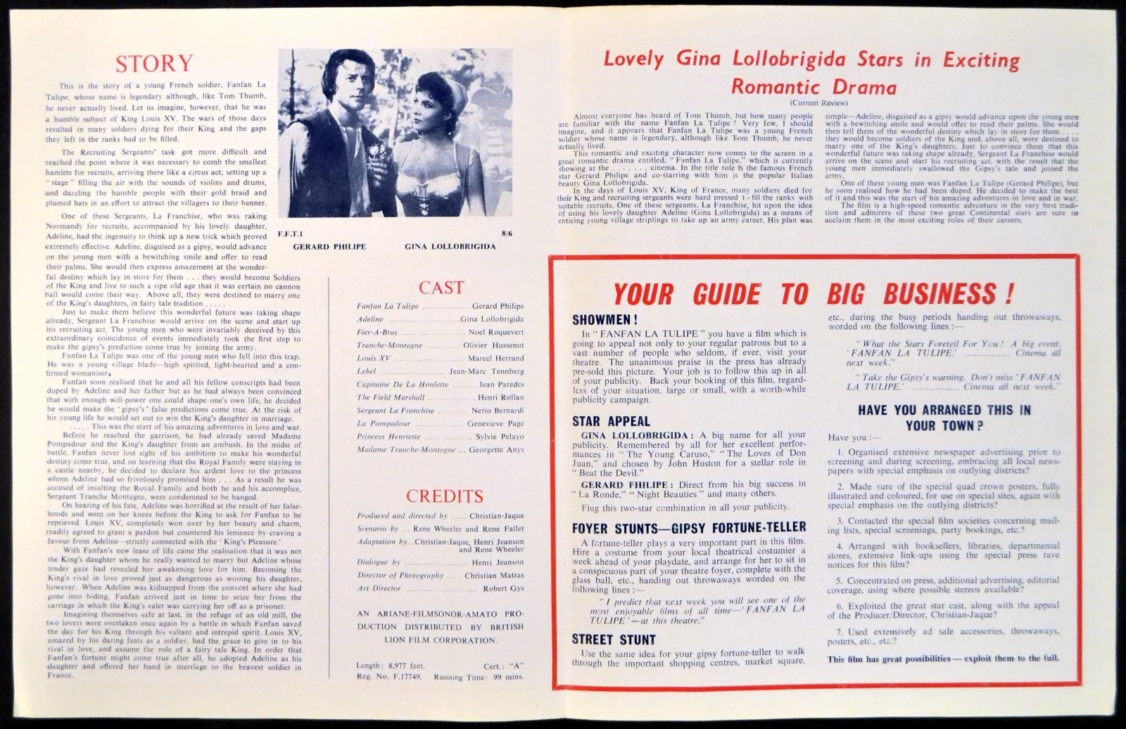 FANFAN LA TULIPE 1952 Gerard Philipe, Gina Lollobrigida UK PRESSBOOK, изображение 2