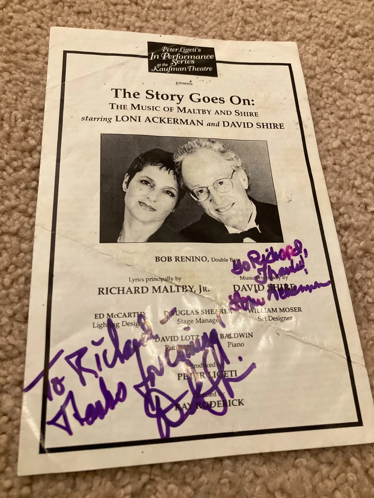 Loni Ackerman, David Shire, Bob Renino — Loni Ackerman David Shire Bob Renino Signed Auto The Story Goes On Program COA, изображение 2