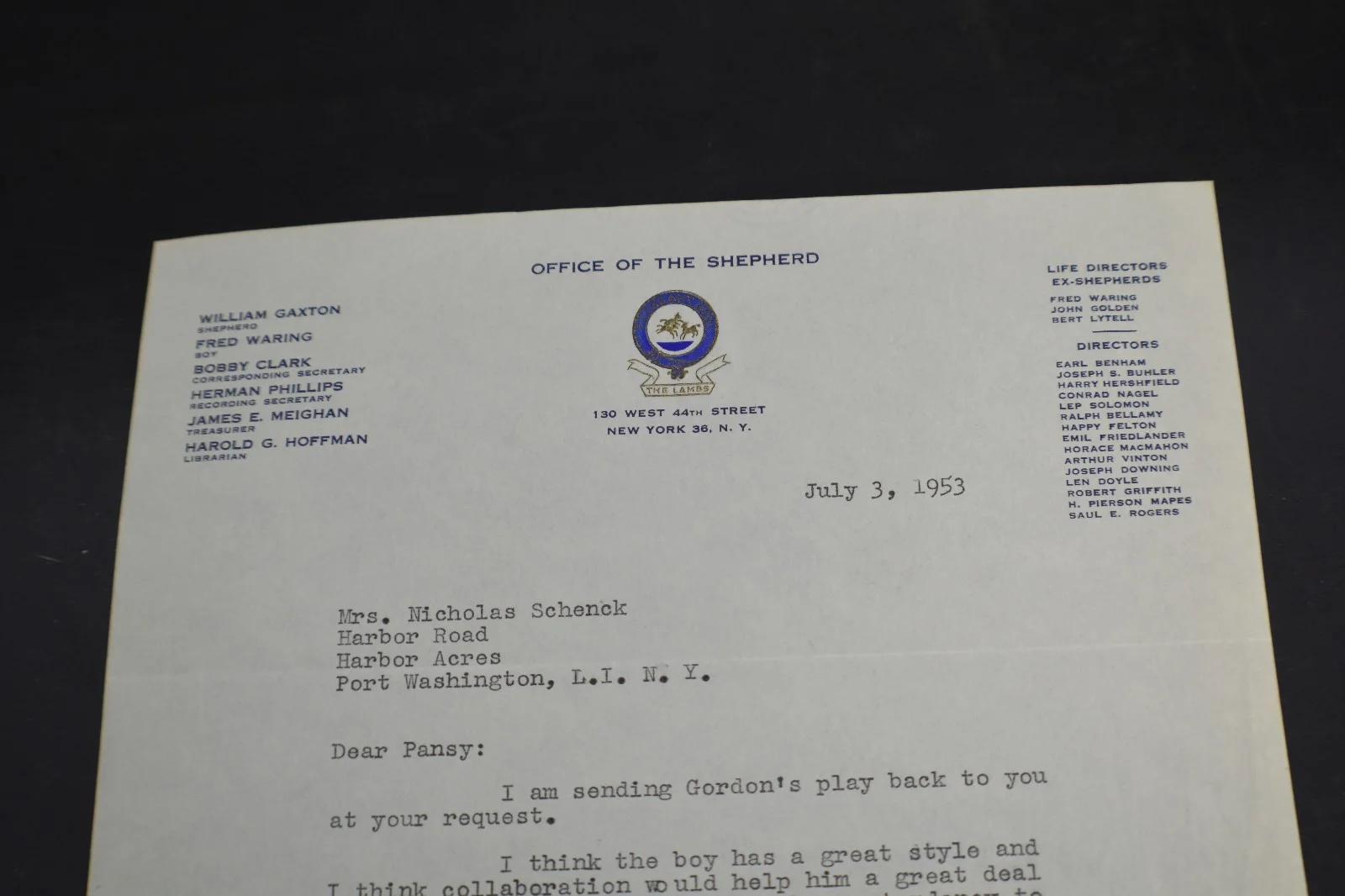 *SIGNED* William Gaxton Office of the Shepherd The Lambs Letterhead, изображение 2