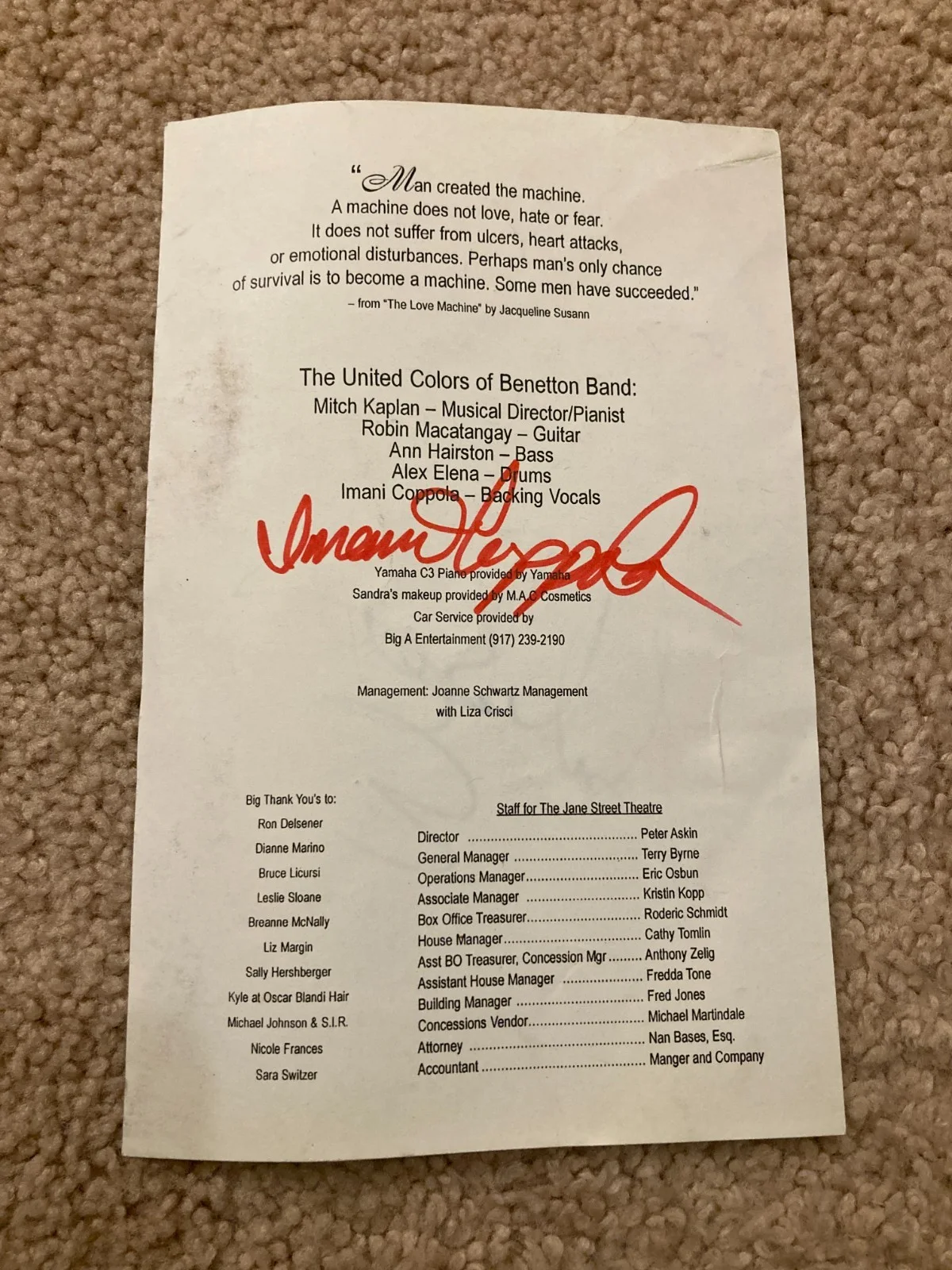 Sandra Bernhard, Imani Coppola — Sandra Bernhard Imani Coppola Signed Autographed The Love Machine Program COA, image 2