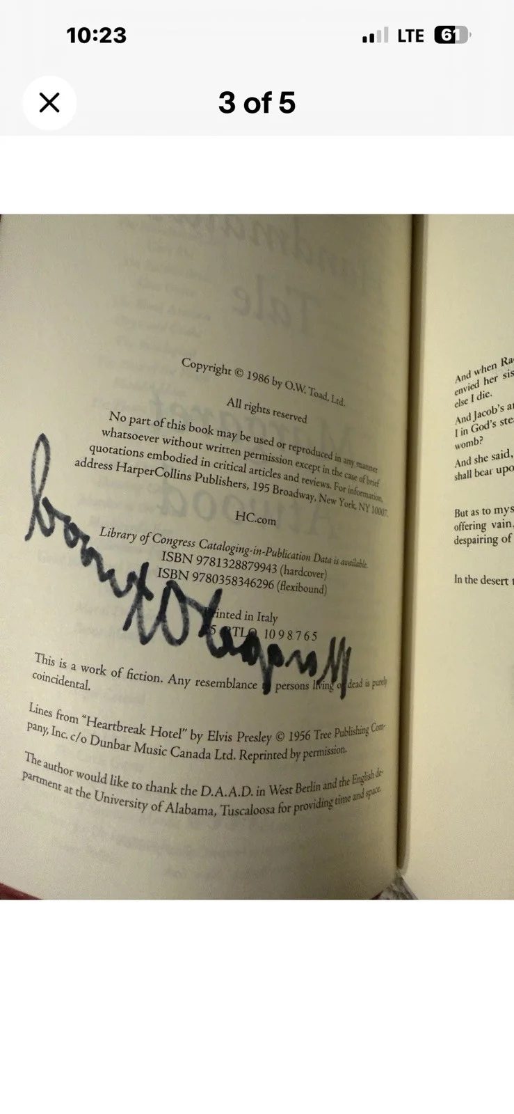 MARGARET ATWOOD SIGNED HANDMAIDS TALE BOOK - LEGENDARY AUTHOR AUTOGRAPHED!, изображение 3