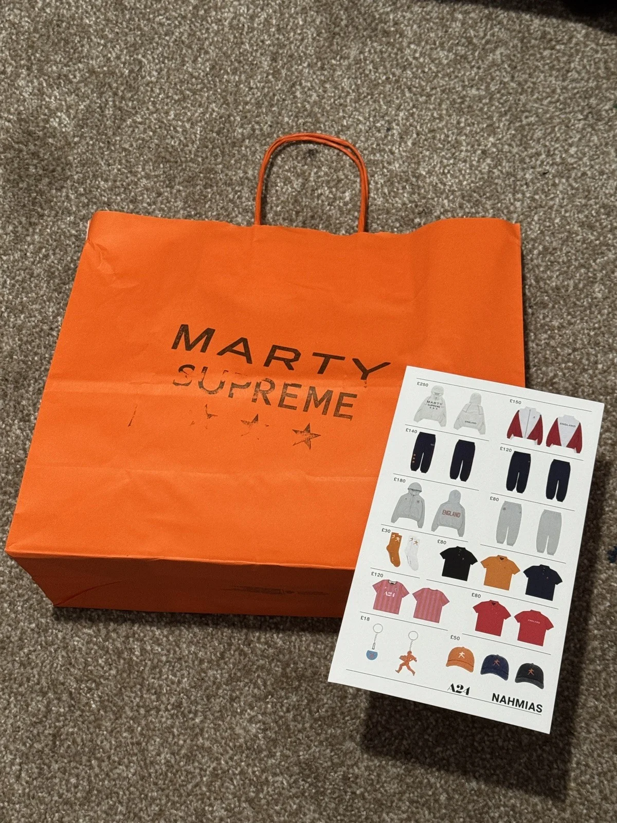 Marty Supreme London Pop Up Orange Bag And Apparel Menu Card By A24 Nahmias, изображение 4