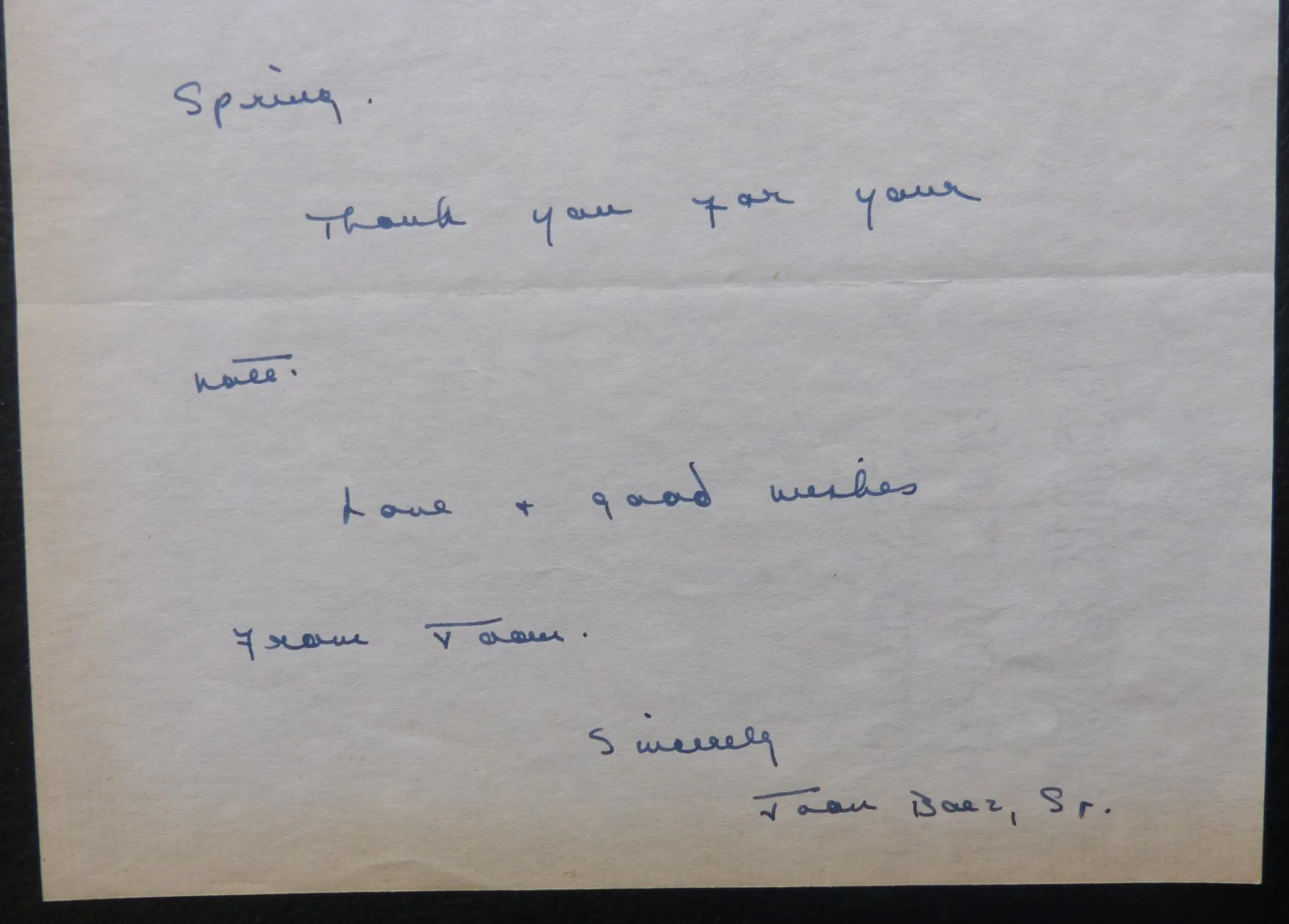 JOAN BAEZ Sr — JOAN BAEZ SR signed letter '69,from the famous singer's mother, image 2