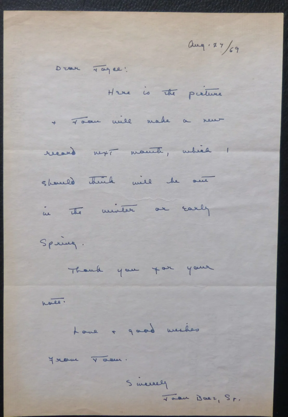 JOAN BAEZ Sr — JOAN BAEZ SR signed letter '69,from the famous singer's mother, image 5
