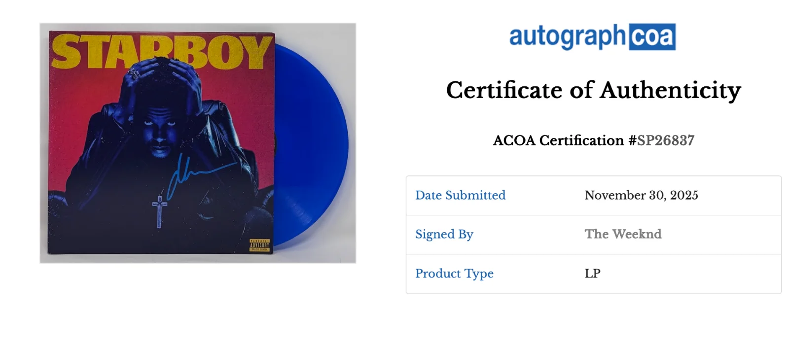 The Weeknd Signed Autograph Starboy Vinyl Record Album LP Abel Tesfaye ACOA COA, image 5