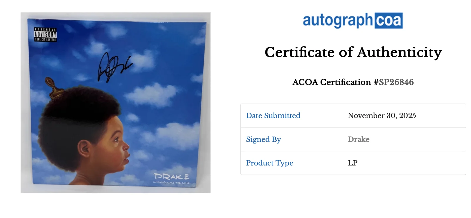 DRAKE Signed Autograph Nothing Was the Same Vinyl Record Album LP Aubrey ACOA, изображение 2