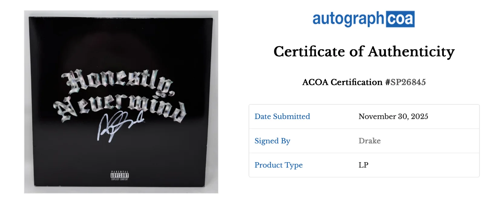 Drake Signed Autograph Honestly, Nevermind Vinyl Record Album Aubrey Graham ACOA, изображение 2