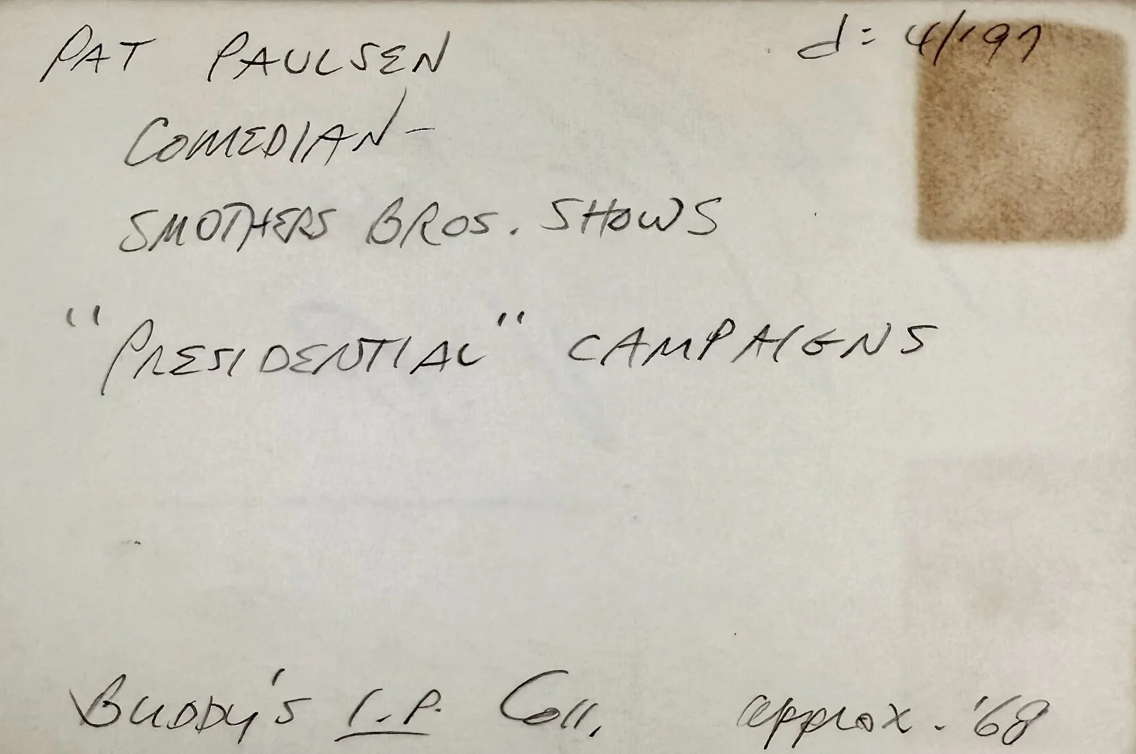 Pat Paulsen — PAT PAULSEN Signed Autographed 4"x 6" INDEX CARD Blood Suckers from Outer Space, изображение 3