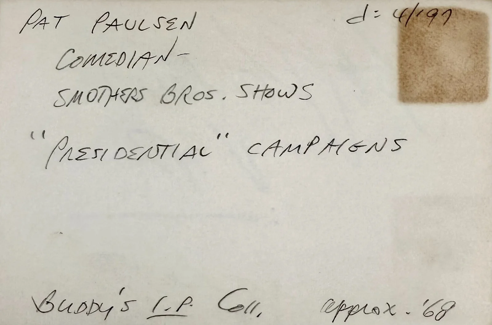 Pat Paulsen — PAT PAULSEN Signed Autographed 4"x 6" INDEX CARD Blood Suckers from Outer Space, изображение 5