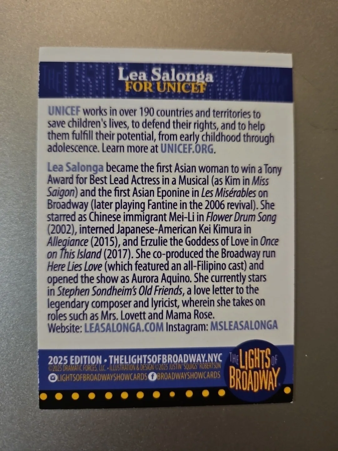 Lea Salonga — 2025 Lea Salonga Signed Lights Of Broadway Card For Unicef #81 Of 150, изображение 2
