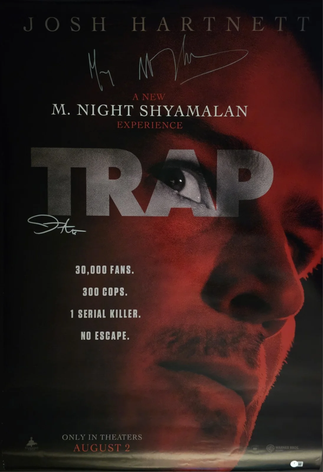 M. Night Shyamalan, Josh Hartnett — M NIGHT SHYAMALAN JOSH HARTNETT SIGNED TRAP ORIGINAL POSTER BECKETT BAS