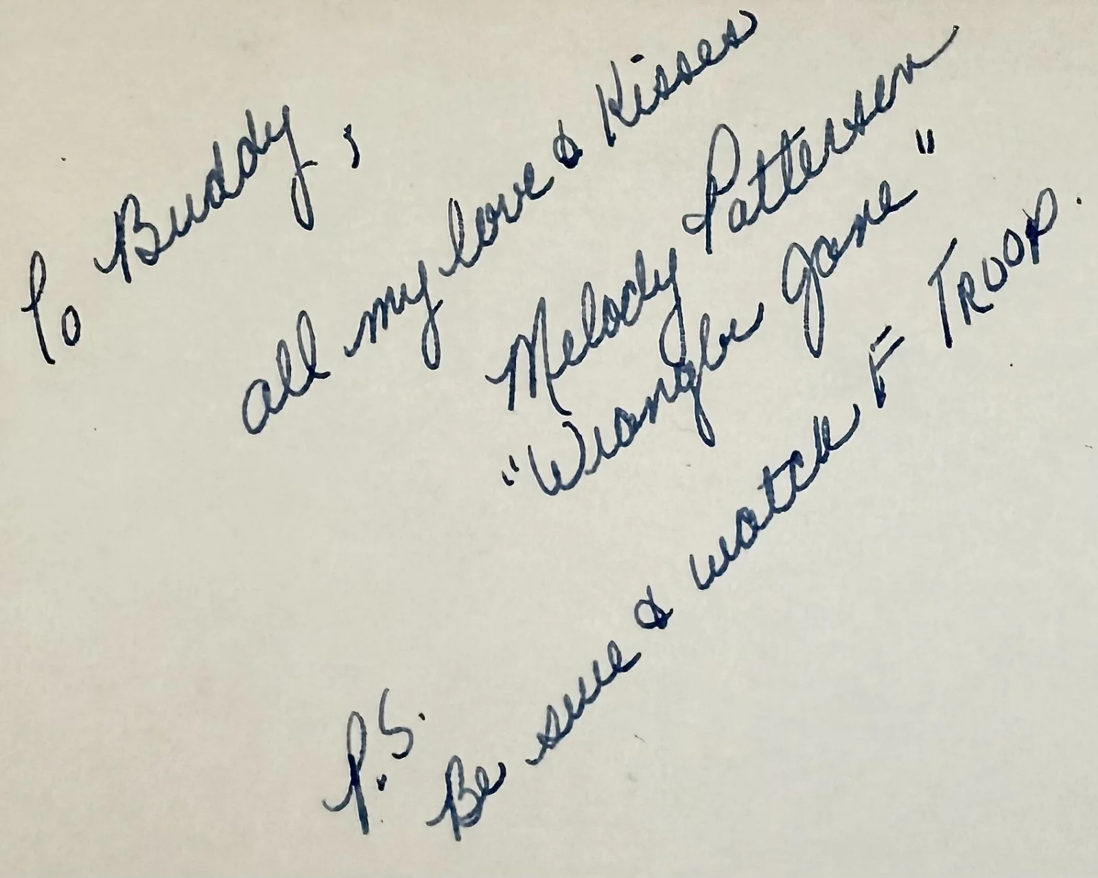 Melody Patterson — MELODY PATTERSON Signed Autographed 4"x 6" INDEX CARD "Wrangler Jane" in F Troop, image 2