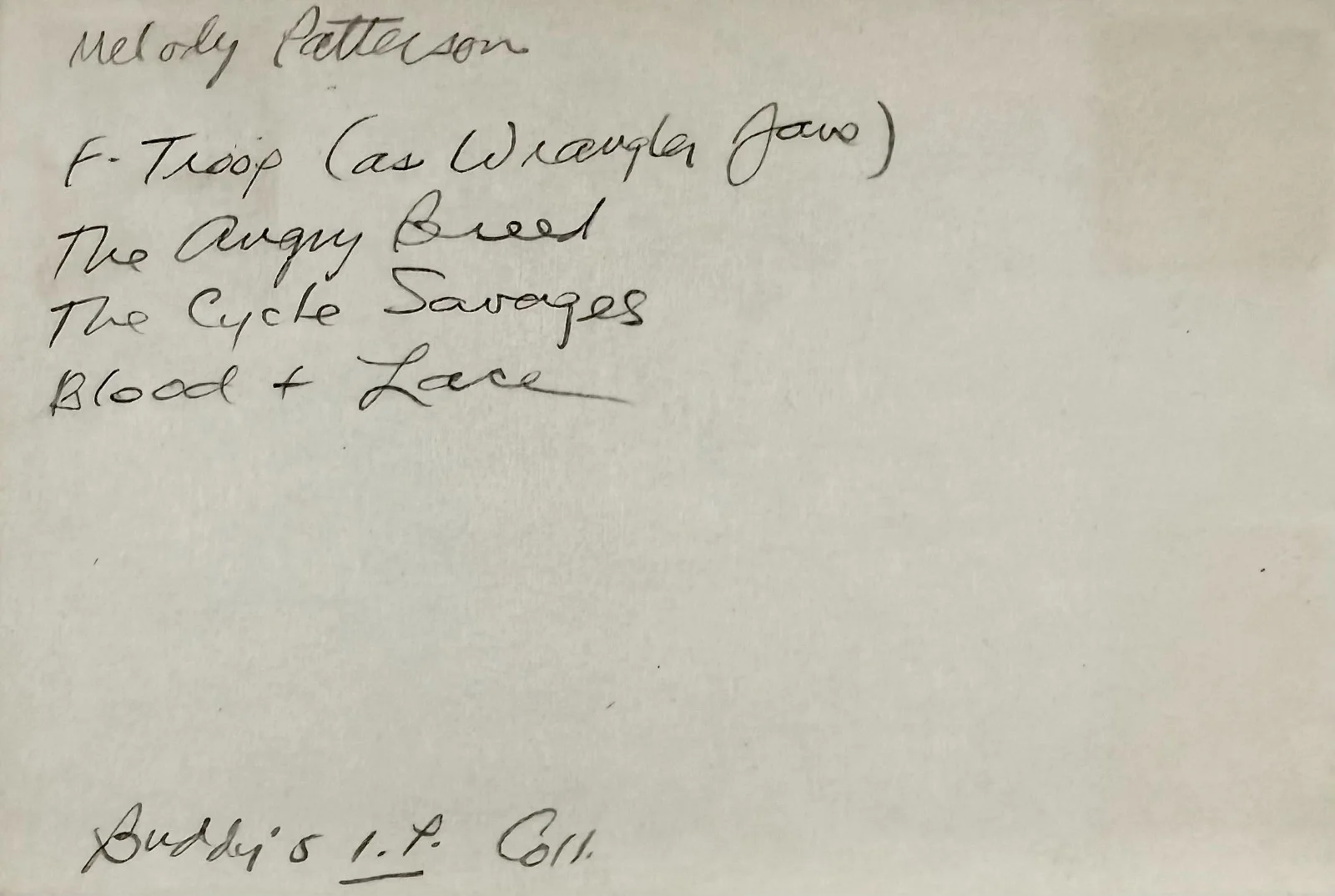 Melody Patterson — MELODY PATTERSON Signed Autographed 4"x 6" INDEX CARD "Wrangler Jane" in F Troop, image 3